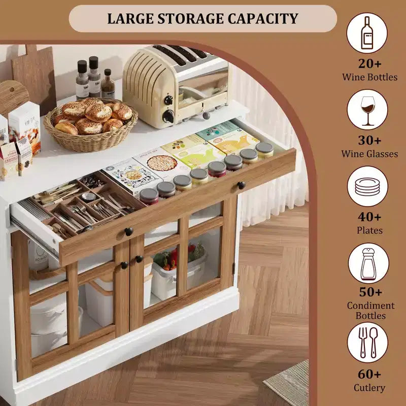 35.4 in Sideboard Buffet Cabinets with Glass Door, Buffet Cabinet with Storage, White&Brown Sideboard Cabinet with Drawer, Modern Buffets & Sideboards