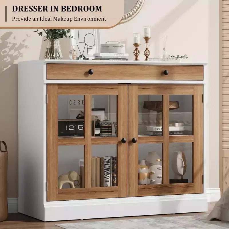 35.4 in Sideboard Buffet Cabinets with Glass Door, Buffet Cabinet with Storage, White&Brown Sideboard Cabinet with Drawer, Modern Buffets & Sideboards