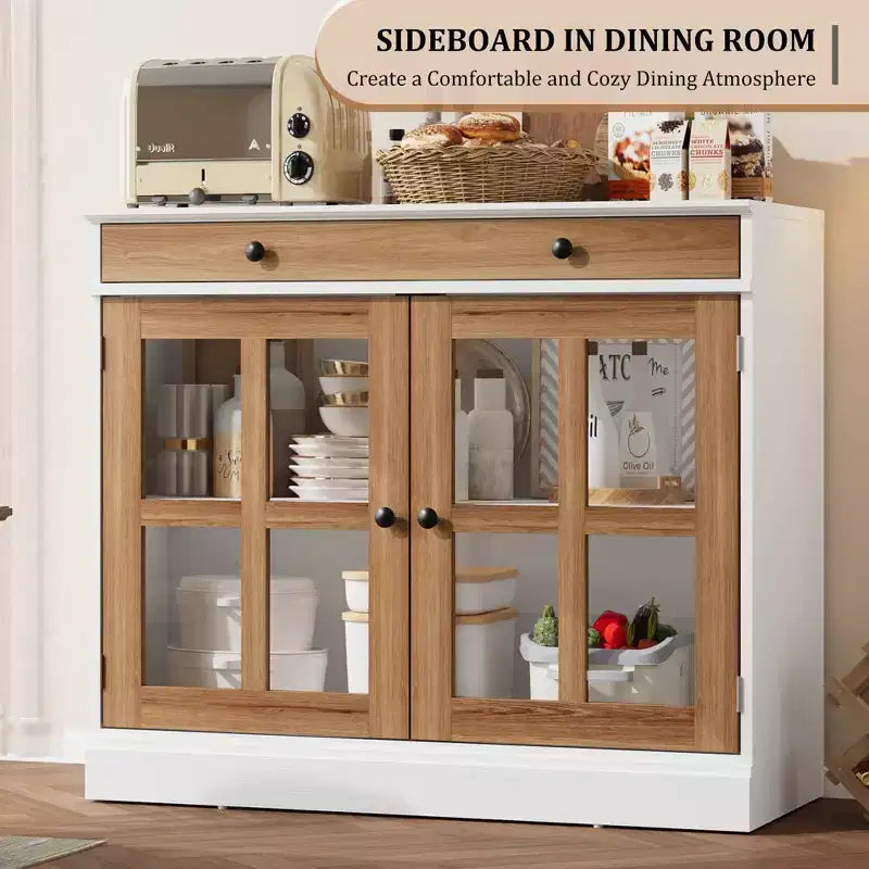 35.4 in Sideboard Buffet Cabinets with Glass Door, Buffet Cabinet with Storage, White&Brown Sideboard Cabinet with Drawer, Modern Buffets & Sideboards