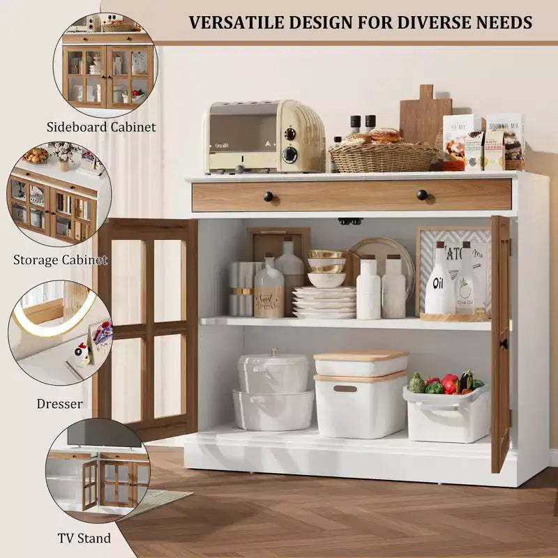 35.4 in Sideboard Buffet Cabinets with Glass Door, Buffet Cabinet with Storage, White&Brown Sideboard Cabinet with Drawer, Modern Buffets & Sideboards