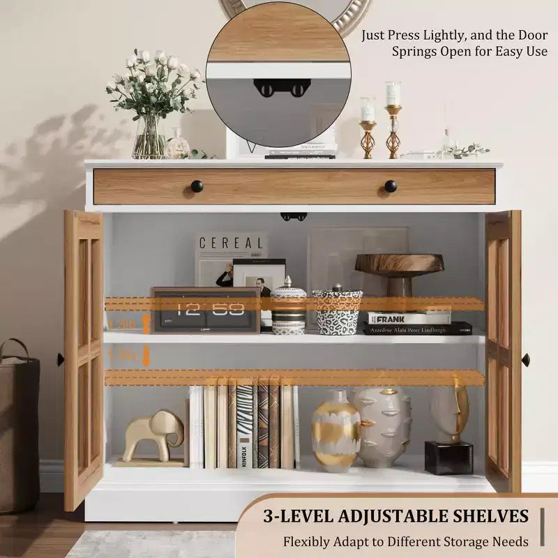 35.4 in Sideboard Buffet Cabinets with Glass Door, Buffet Cabinet with Storage, White&Brown Sideboard Cabinet with Drawer, Modern Buffets & Sideboards
