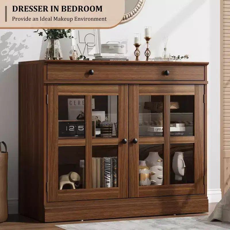 35.4 in Sideboard Buffet Cabinets with Glass Door, Buffet Cabinet with Storage, White&Brown Sideboard Cabinet with Drawer, Modern Buffets & Sideboards