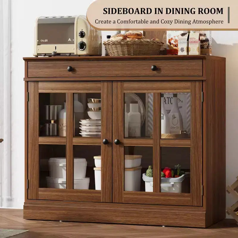 35.4 in Sideboard Buffet Cabinets with Glass Door, Buffet Cabinet with Storage, White&Brown Sideboard Cabinet with Drawer, Modern Buffets & Sideboards