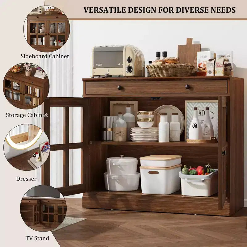 35.4 in Sideboard Buffet Cabinets with Glass Door, Buffet Cabinet with Storage, White&Brown Sideboard Cabinet with Drawer, Modern Buffets & Sideboards