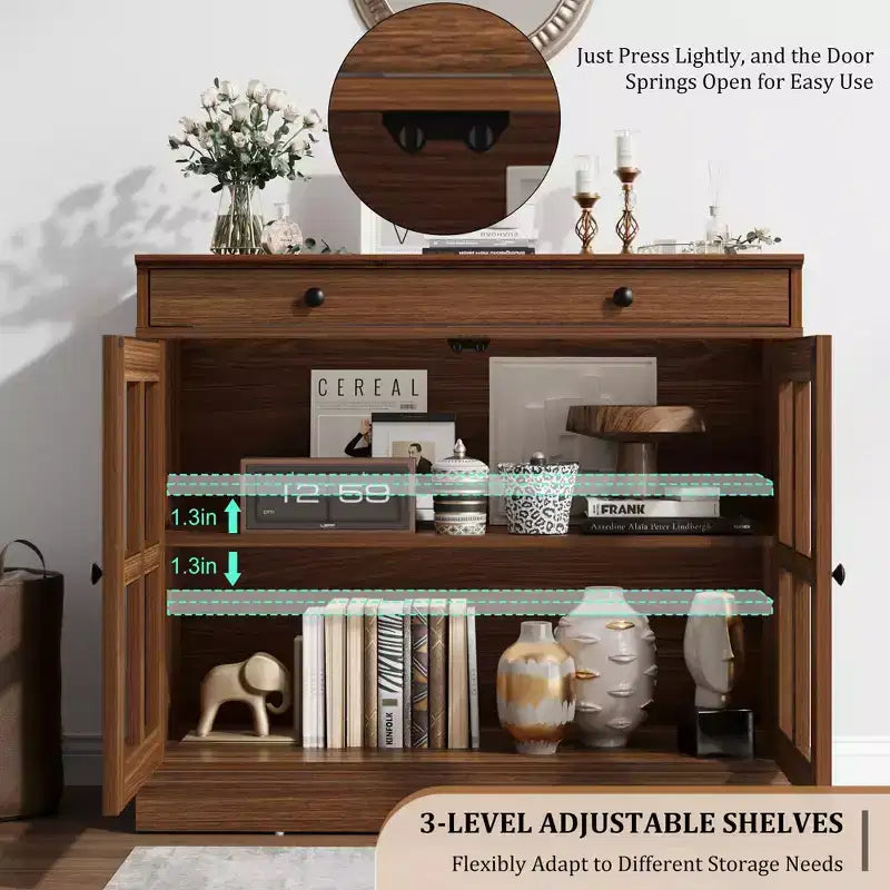35.4 in Sideboard Buffet Cabinets with Glass Door, Buffet Cabinet with Storage, White&Brown Sideboard Cabinet with Drawer, Modern Buffets & Sideboards