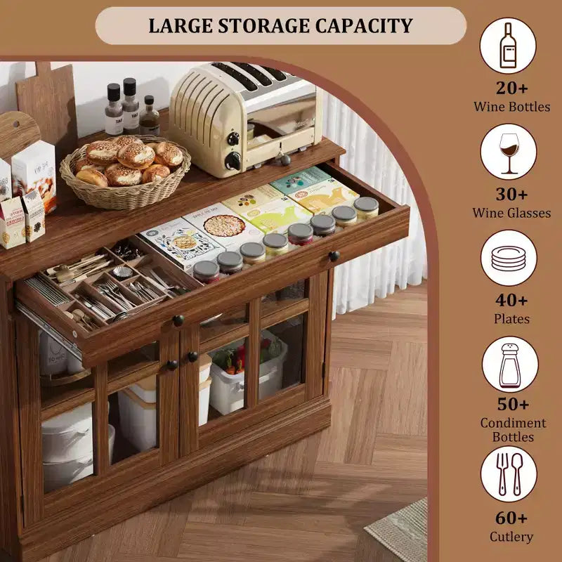 35.4 in Sideboard Buffet Cabinets with Glass Door, Buffet Cabinet with Storage, White&Brown Sideboard Cabinet with Drawer, Modern Buffets & Sideboards