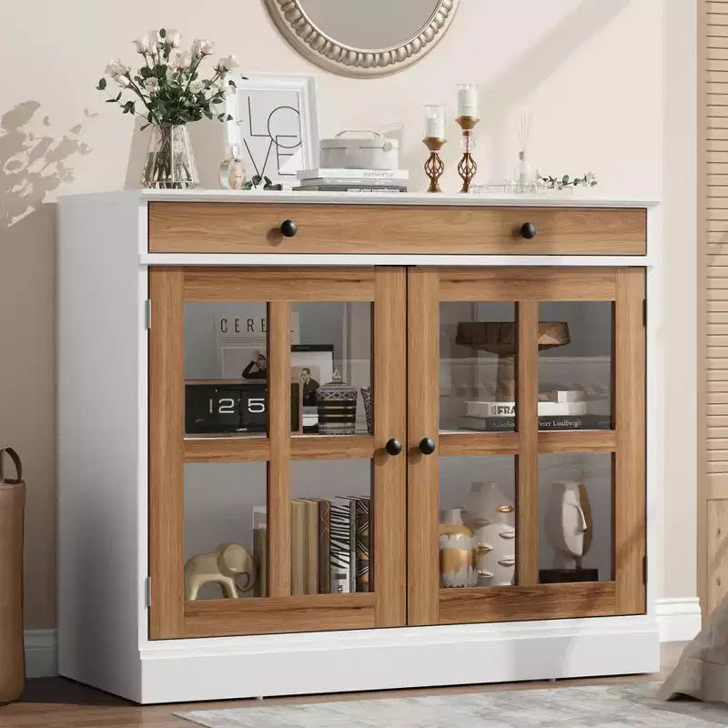 35.4 in Sideboard Buffet Cabinets with Glass Door, Buffet Cabinet with Storage, White&Brown Sideboard Cabinet with Drawer, Modern Buffets & Sideboards