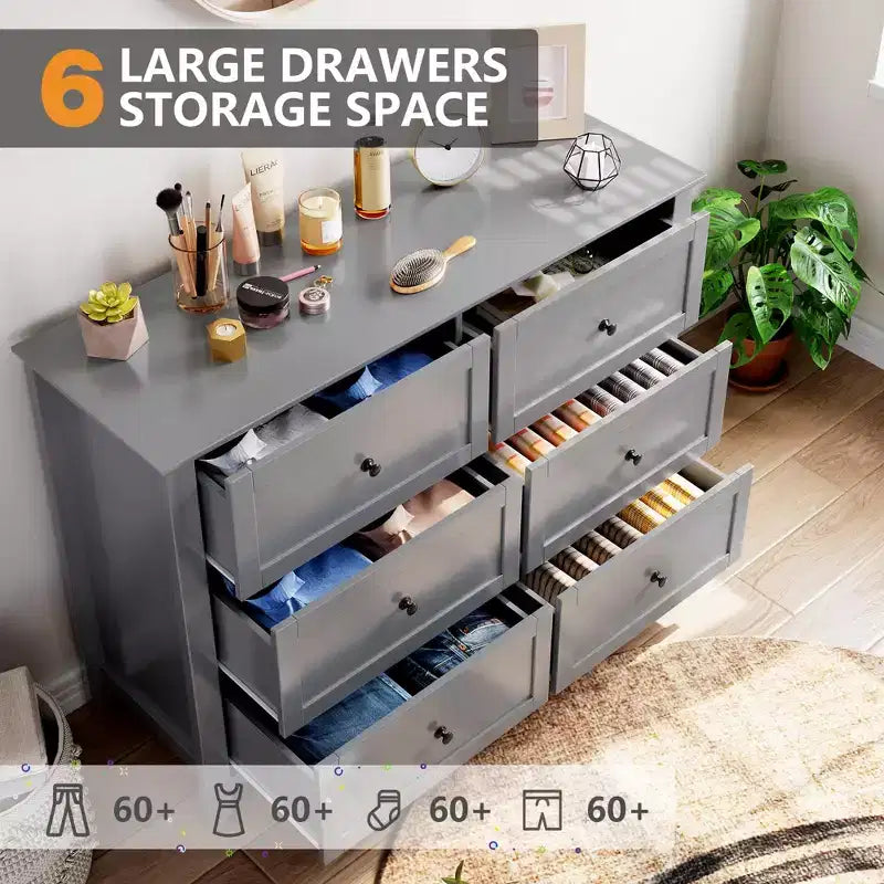 6 Drawers Dresser for Bedroom, Set of 2 Farmhouse Wood Chest of Drawers for Clothes, Storage Dressers Organizer with Handles & Deep Drawers