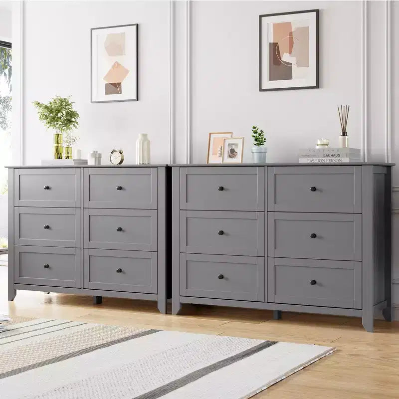 6 Drawers Dresser for Bedroom, Set of 2 Farmhouse Wood Chest of Drawers for Clothes, Storage Dressers Organizer with Handles & Deep Drawers