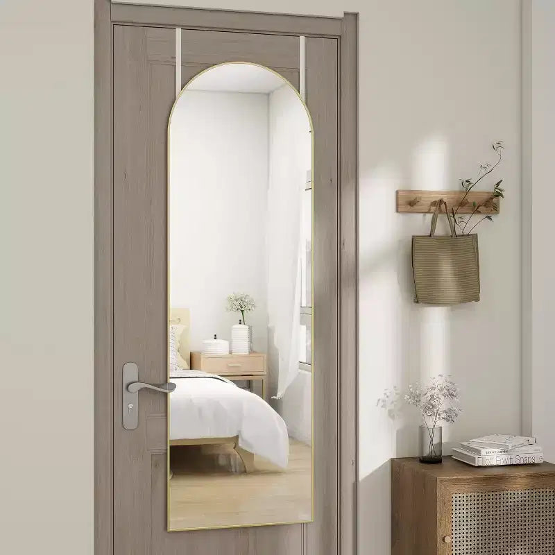 14x48 Hanging or Wall-Mounted Gold Door Mirror, Arched Full-Length, Easy Install