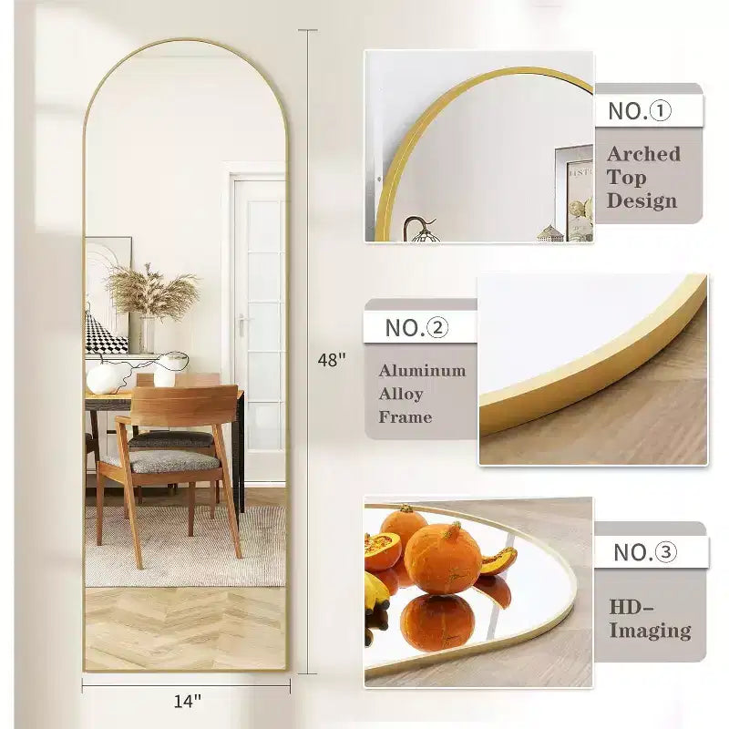 14x48 Hanging or Wall-Mounted Gold Door Mirror, Arched Full-Length, Easy Install