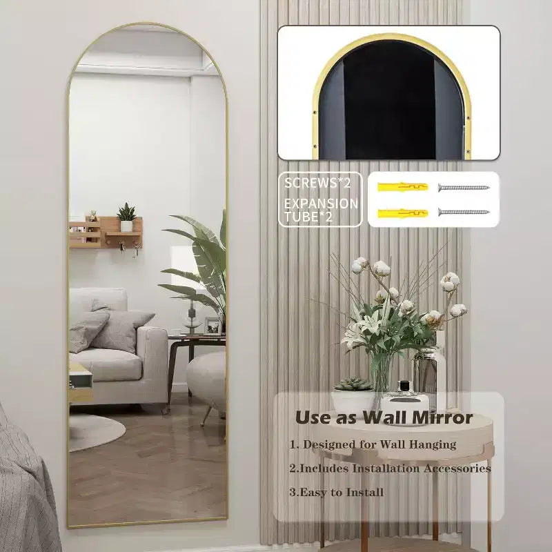 14x48 Hanging or Wall-Mounted Gold Door Mirror, Arched Full-Length, Easy Install