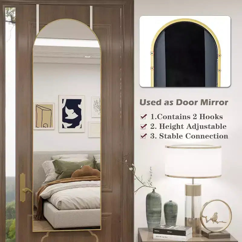 14x48 Hanging or Wall-Mounted Gold Door Mirror, Arched Full-Length, Easy Install