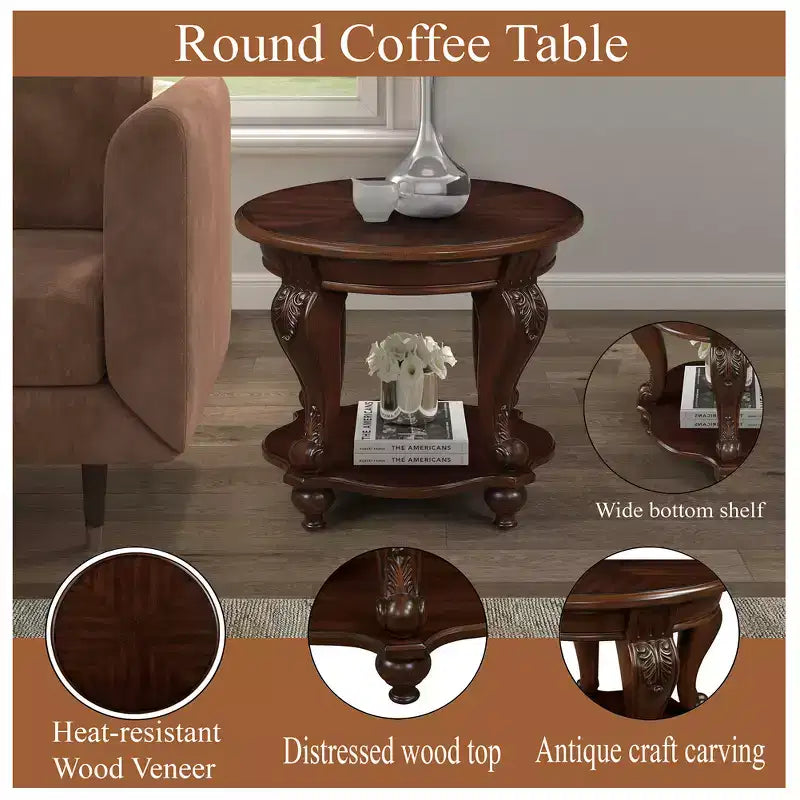 22in Retro Round End Table, Solid Wood Sofa Side Table with Shelf, Living Room Corner Table, Easy Assemble