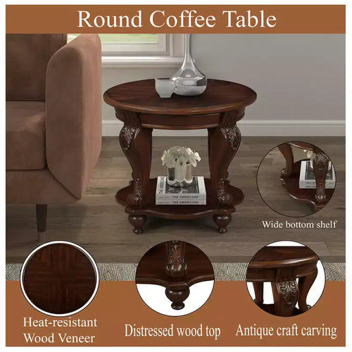 22in Retro Round End Table, Solid Wood Sofa Side Table with Shelf, Living Room Corner Table, Easy Assemble