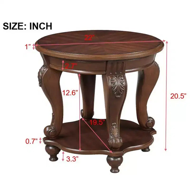 22in Retro Round End Table, Solid Wood Sofa Side Table with Shelf, Living Room Corner Table, Easy Assemble