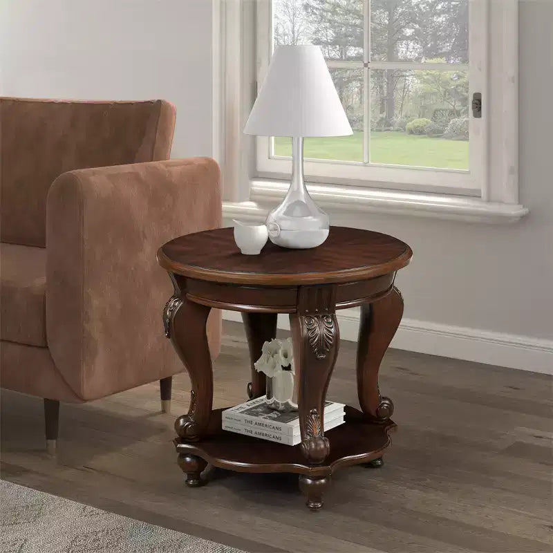 22in Retro Round End Table, Solid Wood Sofa Side Table with Shelf, Living Room Corner Table, Easy Assemble