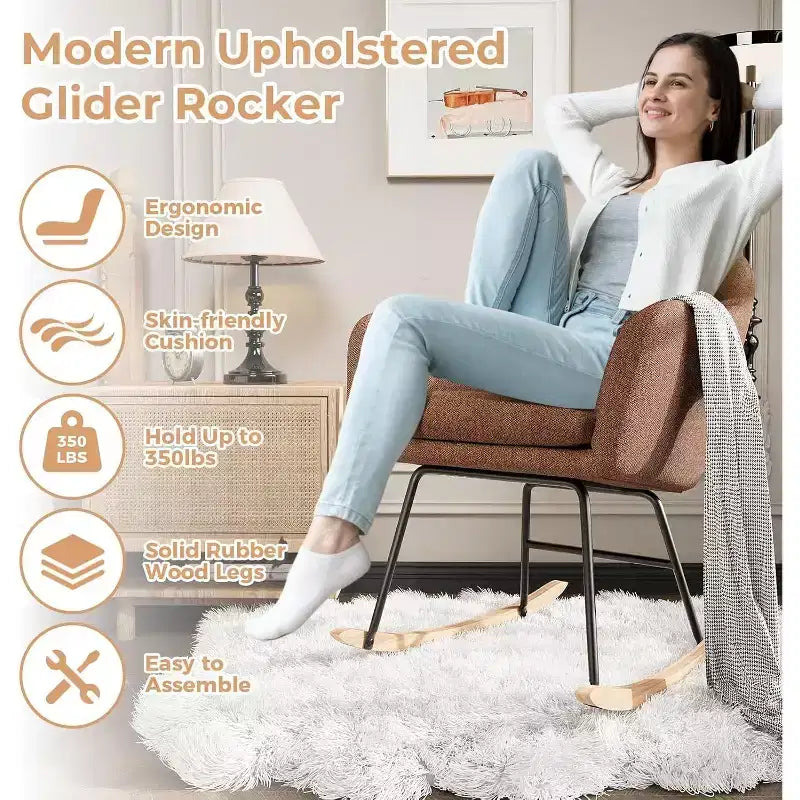 Upholstered Rocking Chair with High Back, Plush Seat, for Living Room or Nursery