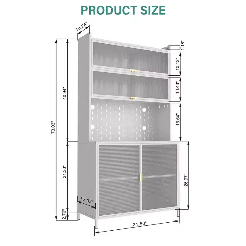 Tall kitchen food cabinet with 6-layer flip-top doors, pegboard, spacious, adjustable, and stylish metal food storage cabinet
