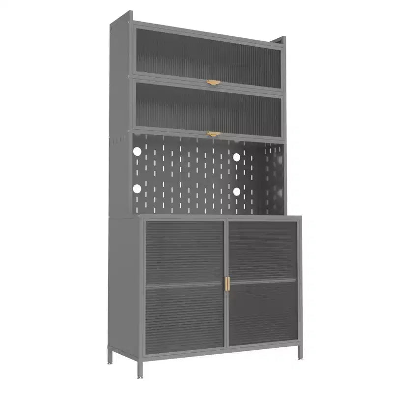 Tall kitchen food cabinet with 6-layer flip-top doors, pegboard, spacious, adjustable, and stylish metal food storage cabinet