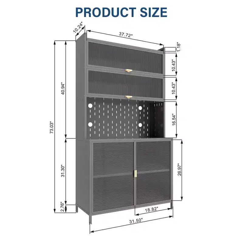 Tall kitchen food cabinet with 6-layer flip-top doors, pegboard, spacious, adjustable, and stylish metal food storage cabinet