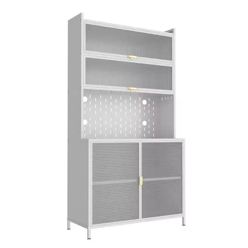 Tall kitchen food cabinet with 6-layer flip-top doors, pegboard, spacious, adjustable, and stylish metal food storage cabinet
