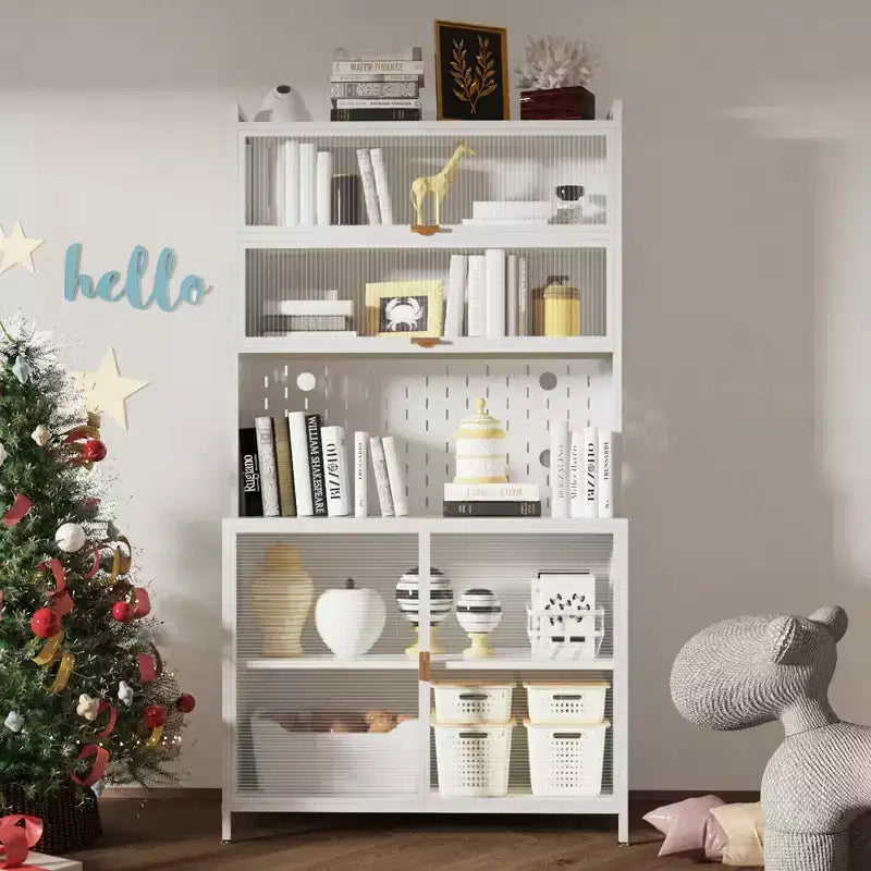 Tall kitchen food cabinet with 6-layer flip-top doors, pegboard, spacious, adjustable, and stylish metal food storage cabinet