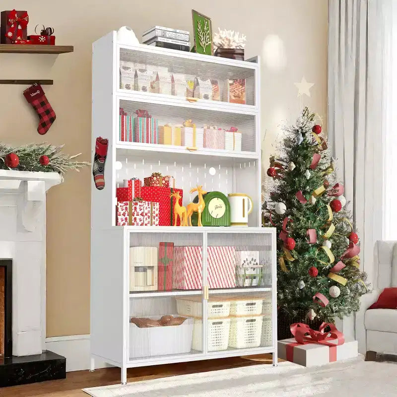 Tall kitchen food cabinet with 6-layer flip-top doors, pegboard, spacious, adjustable, and stylish metal food storage cabinet