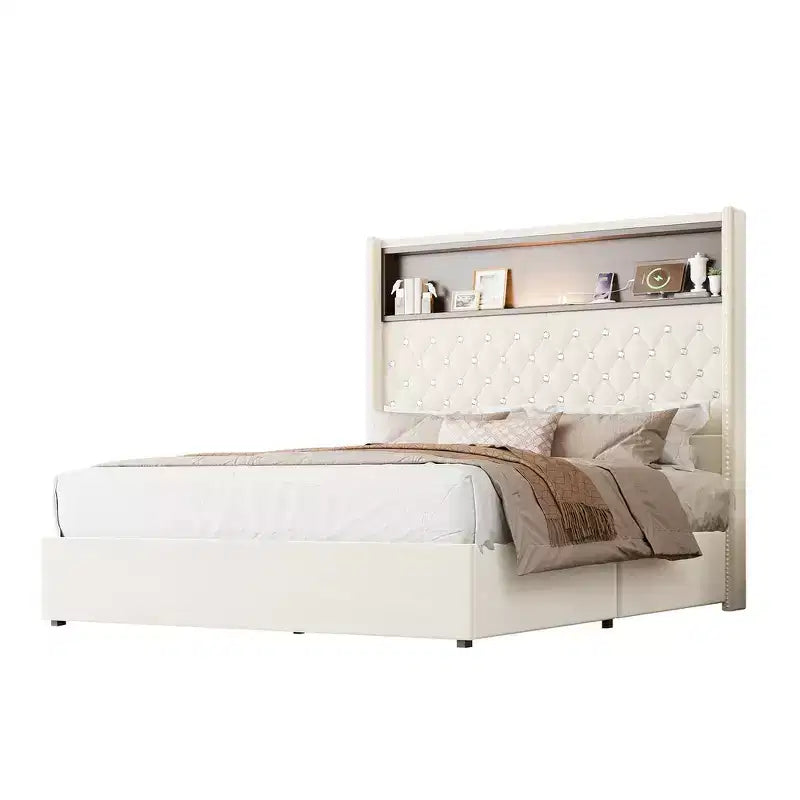 Whisen Queen Size Velvet Tufted Soft Bed Frame, Wing-back Platform Bed, 52'' High Headboard with Rivet Decoration, Headboard Shelf
