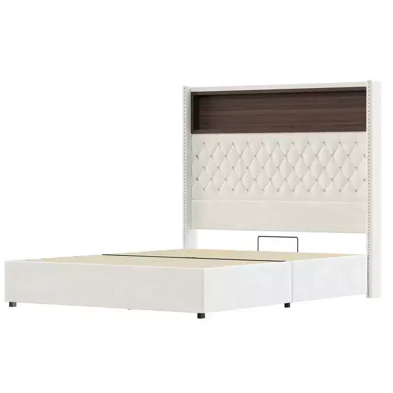Whisen Queen Size Velvet Tufted Soft Bed Frame, Wing-back Platform Bed, 52'' High Headboard with Rivet Decoration, Headboard Shelf