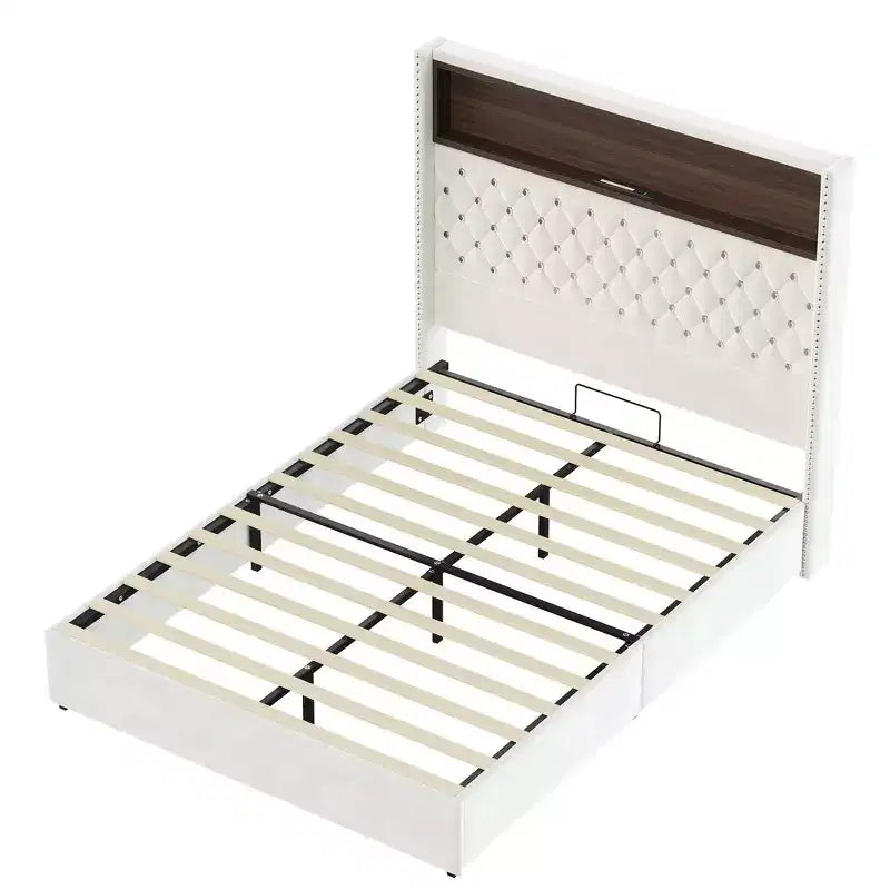 Whisen Queen Size Velvet Tufted Soft Bed Frame, Wing-back Platform Bed, 52'' High Headboard with Rivet Decoration, Headboard Shelf