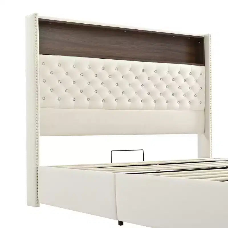 Whisen Queen Size Velvet Tufted Soft Bed Frame, Wing-back Platform Bed, 52'' High Headboard with Rivet Decoration, Headboard Shelf