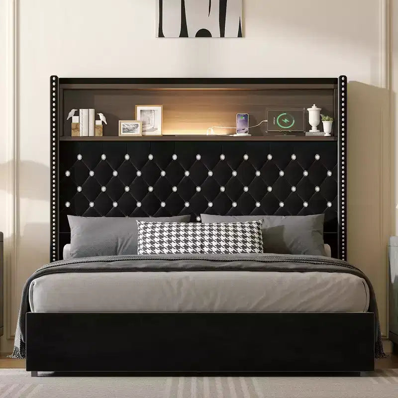 Whisen Queen Size Velvet Tufted Soft Bed Frame, Wing-back Platform Bed, 52'' High Headboard with Rivet Decoration, Headboard Shelf