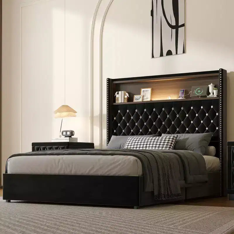 Whisen Queen Size Velvet Tufted Soft Bed Frame, Wing-back Platform Bed, 52'' High Headboard with Rivet Decoration, Headboard Shelf