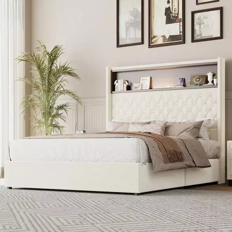 Whisen Queen Size Velvet Tufted Soft Bed Frame, Wing-back Platform Bed, 52'' High Headboard with Rivet Decoration, Headboard Shelf