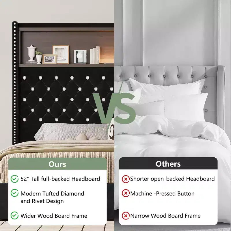 Whisen Queen Size Velvet Tufted Soft Bed Frame, Wing-back Platform Bed, 52'' High Headboard with Rivet Decoration, Headboard Shelf