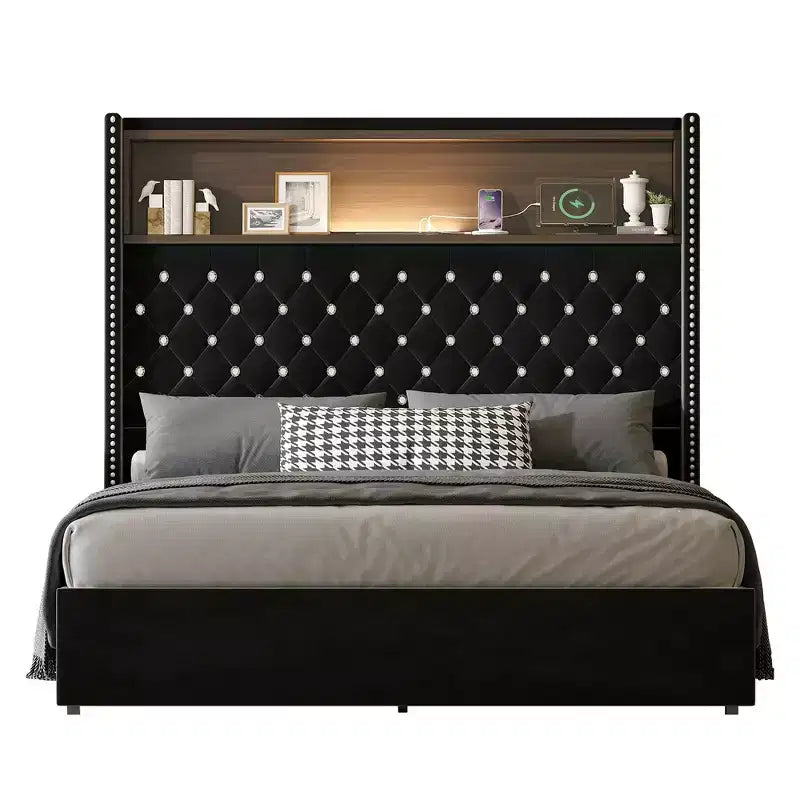 Whisen Queen Size Velvet Tufted Soft Bed Frame, Wing-back Platform Bed, 52'' High Headboard with Rivet Decoration, Headboard Shelf