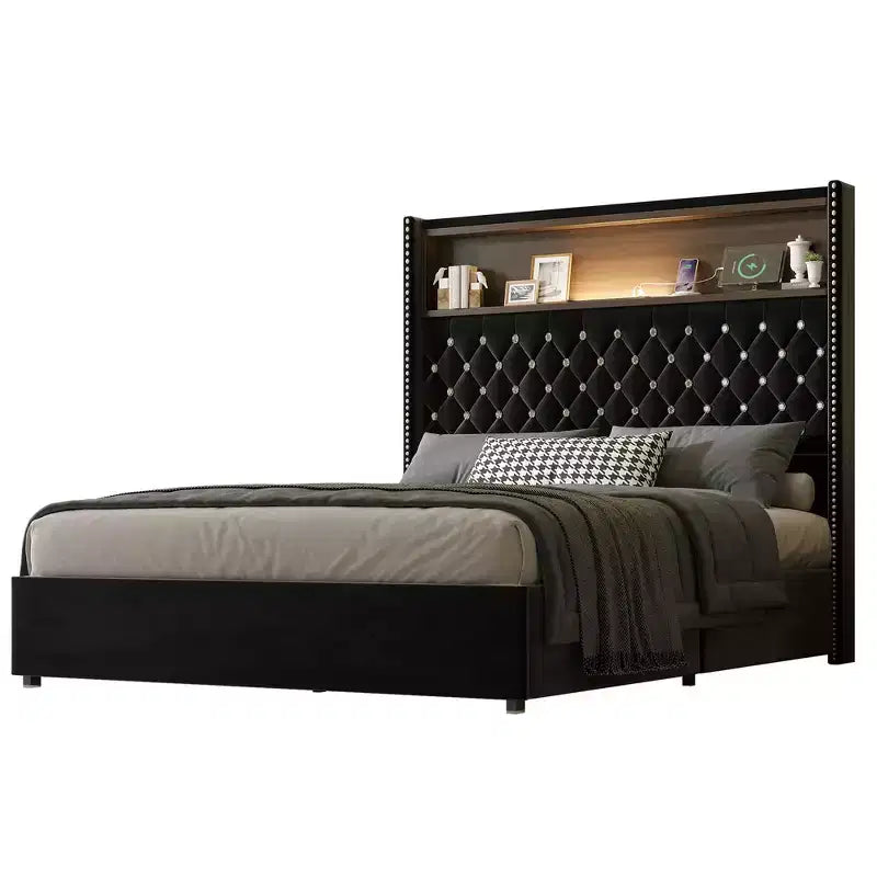 Whisen Queen Size Velvet Tufted Soft Bed Frame, Wing-back Platform Bed, 52'' High Headboard with Rivet Decoration, Headboard Shelf