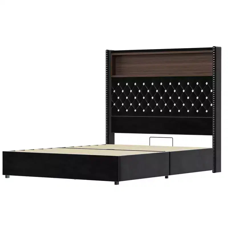 Whisen Queen Size Velvet Tufted Soft Bed Frame, Wing-back Platform Bed, 52'' High Headboard with Rivet Decoration, Headboard Shelf