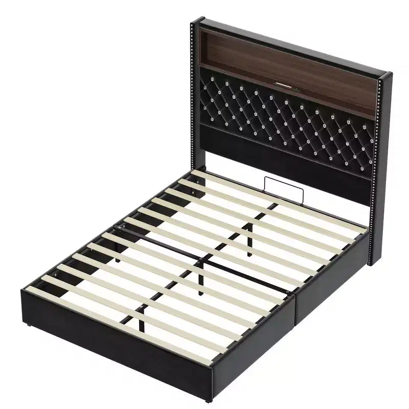 Whisen Queen Size Velvet Tufted Soft Bed Frame, Wing-back Platform Bed, 52'' High Headboard with Rivet Decoration, Headboard Shelf
