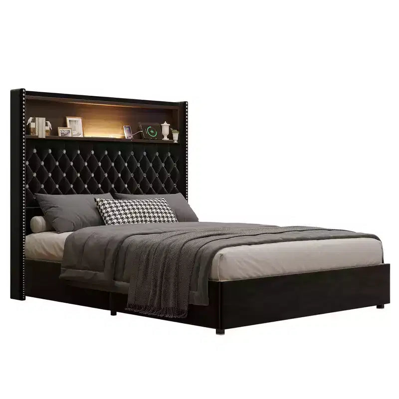 Whisen Queen Size Velvet Tufted Soft Bed Frame, Wing-back Platform Bed, 52'' High Headboard with Rivet Decoration, Headboard Shelf