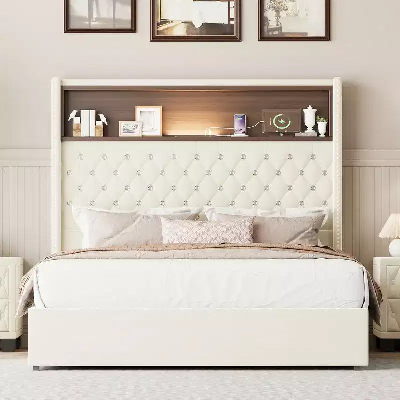 Whisen Queen Size Velvet Tufted Soft Bed Frame, Wing-back Platform Bed, 52'' High Headboard with Rivet Decoration, Headboard Shelf