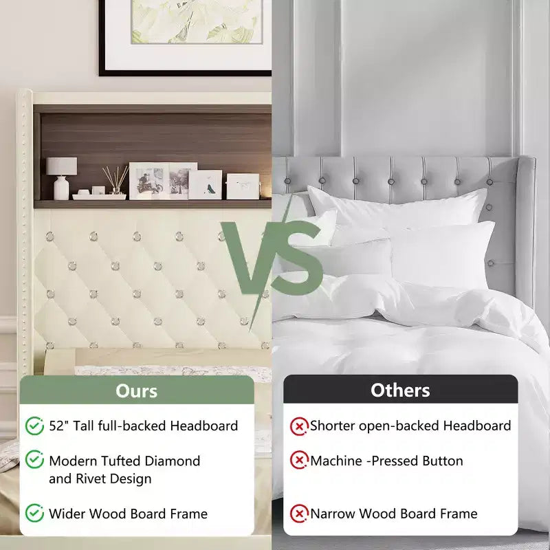 Whisen Queen Size Velvet Tufted Soft Bed Frame, Wing-back Platform Bed, 52'' High Headboard with Rivet Decoration, Headboard Shelf