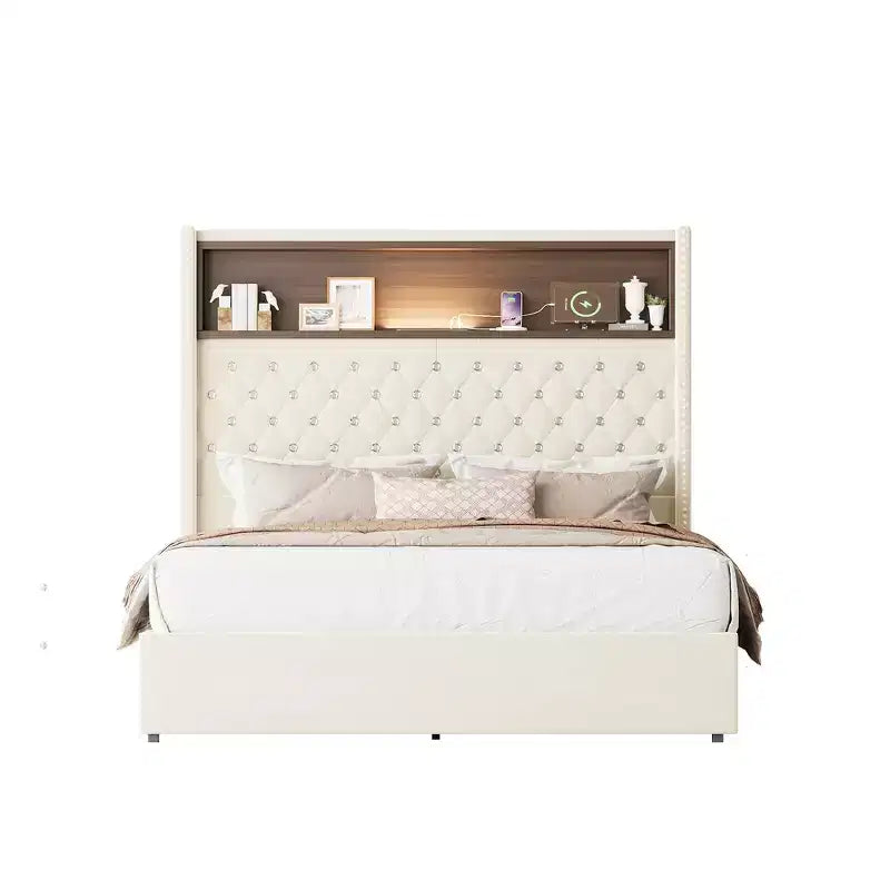 Whisen Queen Size Velvet Tufted Soft Bed Frame, Wing-back Platform Bed, 52'' High Headboard with Rivet Decoration, Headboard Shelf
