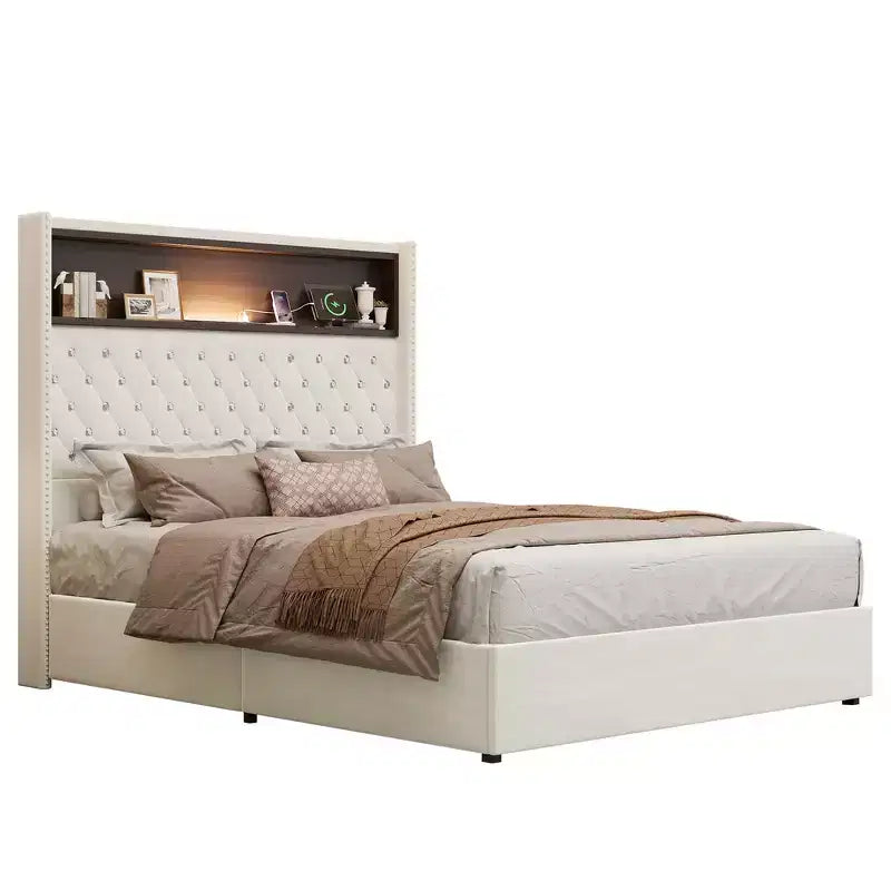 Whisen Queen Size Velvet Tufted Soft Bed Frame, Wing-back Platform Bed, 52'' High Headboard with Rivet Decoration, Headboard Shelf