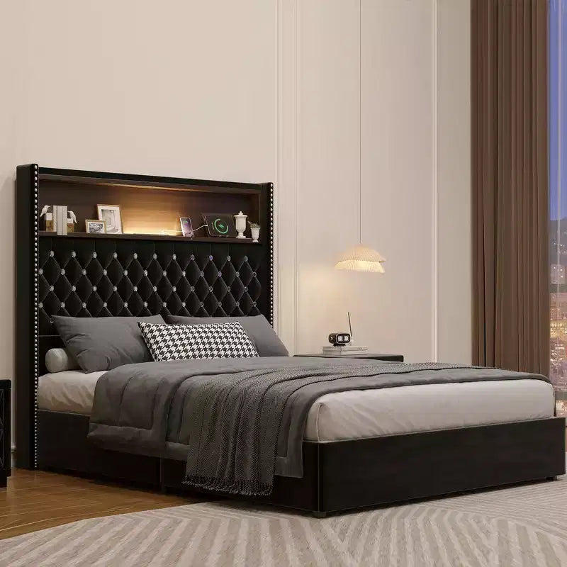 Whisen Queen Size Velvet Tufted Soft Bed Frame, Wing-back Platform Bed, 52'' High Headboard with Rivet Decoration, Headboard Shelf