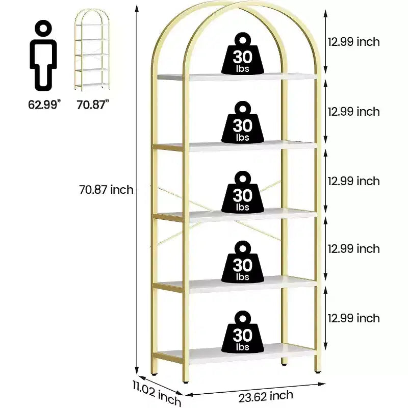 2 packs 5-Tier Arched Bookshelf with Metal Frame, Tall Standing Display Storage Rack for Bedroom Living Room Home Office, White & Gold