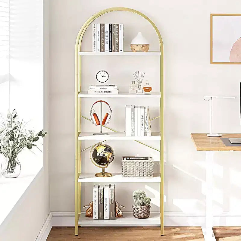 2 packs 5-Tier Arched Bookshelf with Metal Frame, Tall Standing Display Storage Rack for Bedroom Living Room Home Office, White & Gold