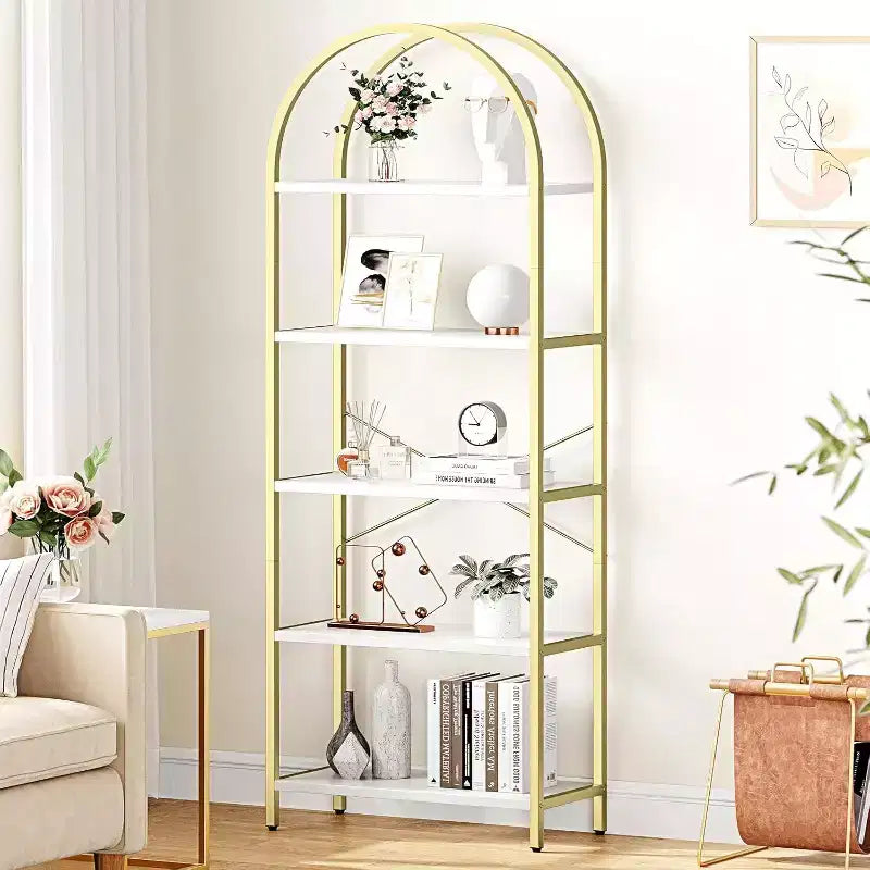 2 packs 5-Tier Arched Bookshelf with Metal Frame, Tall Standing Display Storage Rack for Bedroom Living Room Home Office, White & Gold