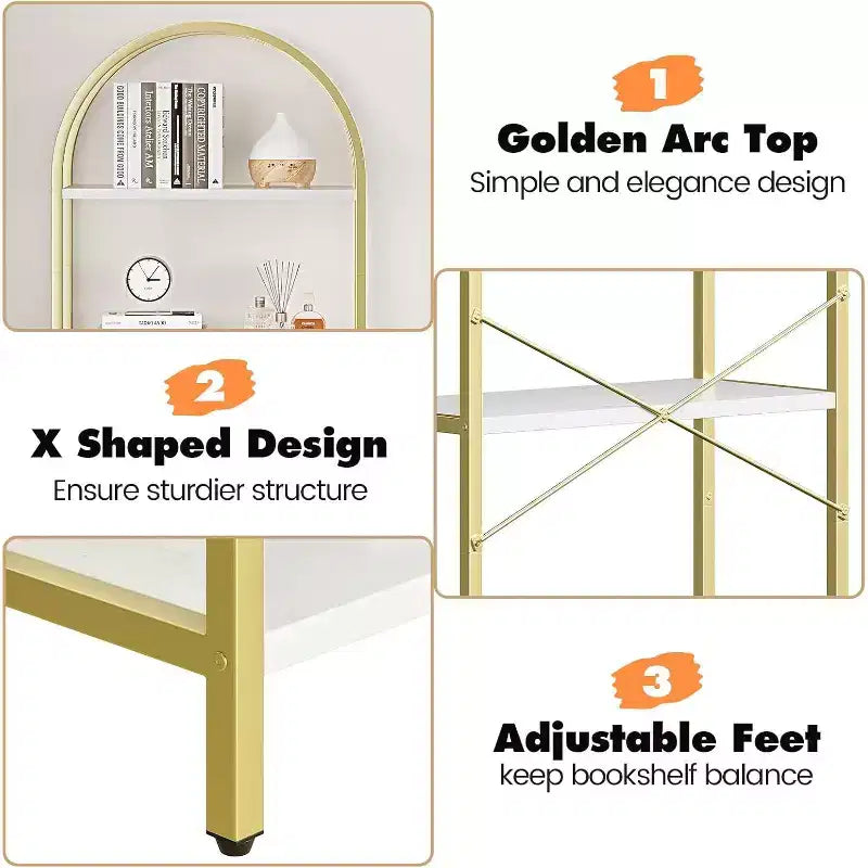 2 packs 5-Tier Arched Bookshelf with Metal Frame, Tall Standing Display Storage Rack for Bedroom Living Room Home Office, White & Gold